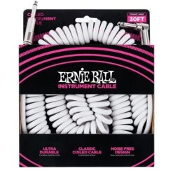 Ernie Ball 30′ Coiled Straight/Angle Instrument Cable – White