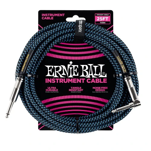 Ernie Ball 25′ Braided Straight / Angle Instrument Cables Black / Blue 1 Ernie Ball 25′ Braided Straight / Angle Instrument Cables Black / Blue