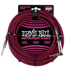 Ernie Ball 25′ Braided Straight / Angle Instrument Cables Black / Red