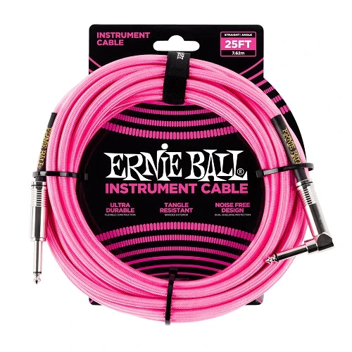Ernie Ball 25′ Braided Straight / Angle Instrument Cables Neon Pink 1 Ernie Ball 25′ Braided Straight / Angle Instrument Cables Neon Pink