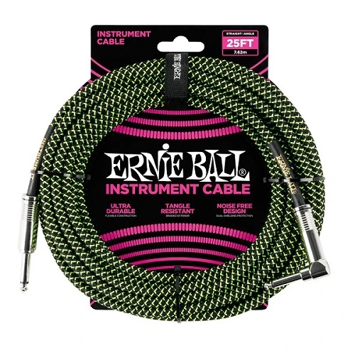 Ernie Ball 6066 Guitar Lead Cable 25″ Foot Braided Straight Angle Black Green 1 Ernie Ball 6066 Guitar Lead Cable 25″ Foot Braided Straight Angle Black Green