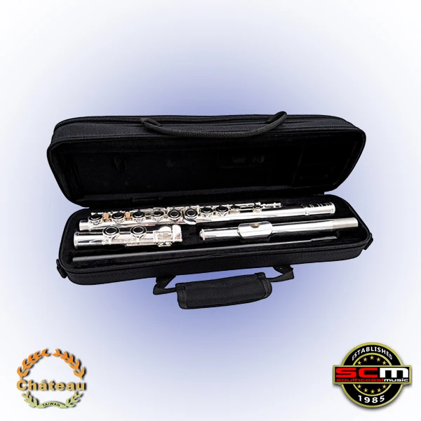 Château TE-CFL-26E/SB Silver Plated Flute, Y-Shaped Key Cup Arms, Low C-Foot Joint, Offset G, Split E Mechanism, Stainless Steel Springs, Case 1 Château TE-CFL-26E/SB Silver Plated Flute, Y-Shaped Key Cup Arms, Low C-Foot Joint, Offset G, Split E Mechanism, Stainless Steel Springs, Case