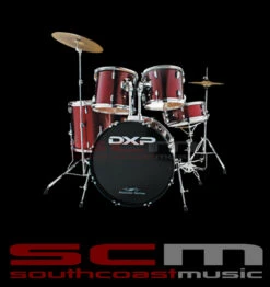 DXP TXO4P 22″ ROCK SERIES WINE RED FIVE PIECE DRUM SET WITH CYMBALS