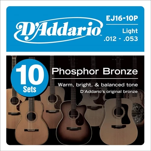 DAddario EJ16-10P Phosphor Bronze Acoustic Guitar Strings Light 12-53 10 Pack 1 DAddario EJ16-10P Phosphor Bronze Acoustic Guitar Strings Light 12-53 10 Pack